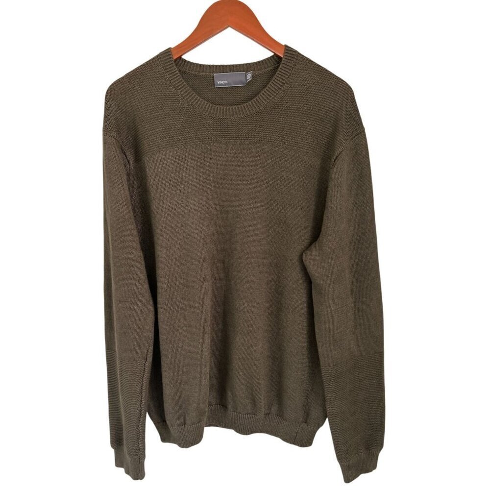 Vince Mens XL Olive Green 100% Linen Knit Mesh Crewneck Sweater Preppy Old money